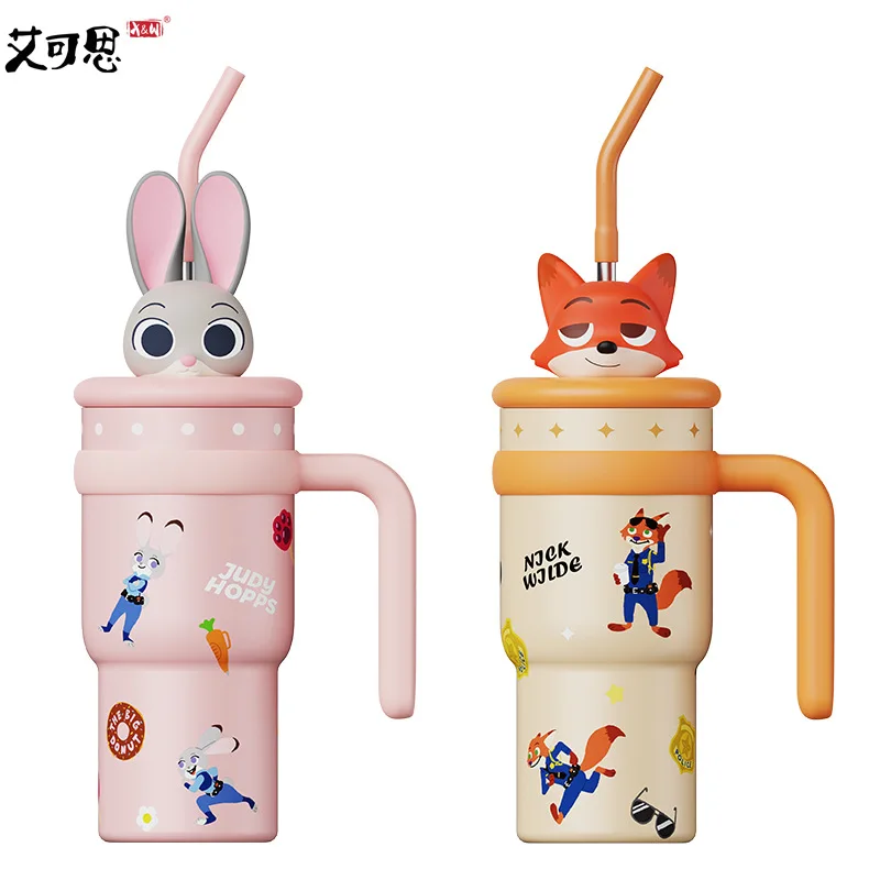 X&W 만화 캐릭터 보온병 디즈니 700ML 스테인리스 스틸 보냉 보온 스티치 로토 커피컵 빨대 포함 휴대용 차량용 물컵