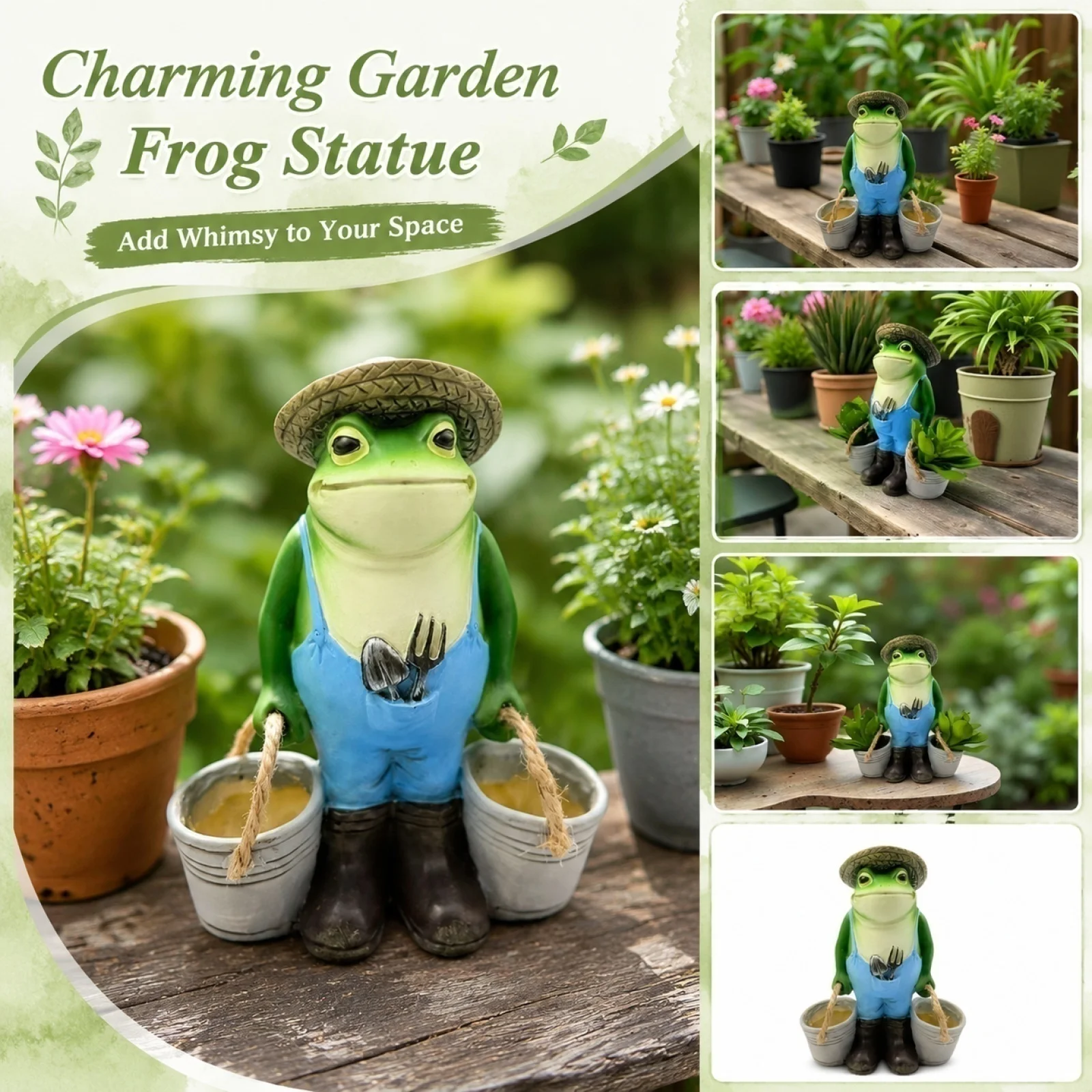 Statue de jardin amusante : Petites grenouilles portant un seau, Sculpture en résine d'animaux amusants, Ornement extérieur pour patio et plantes en pot