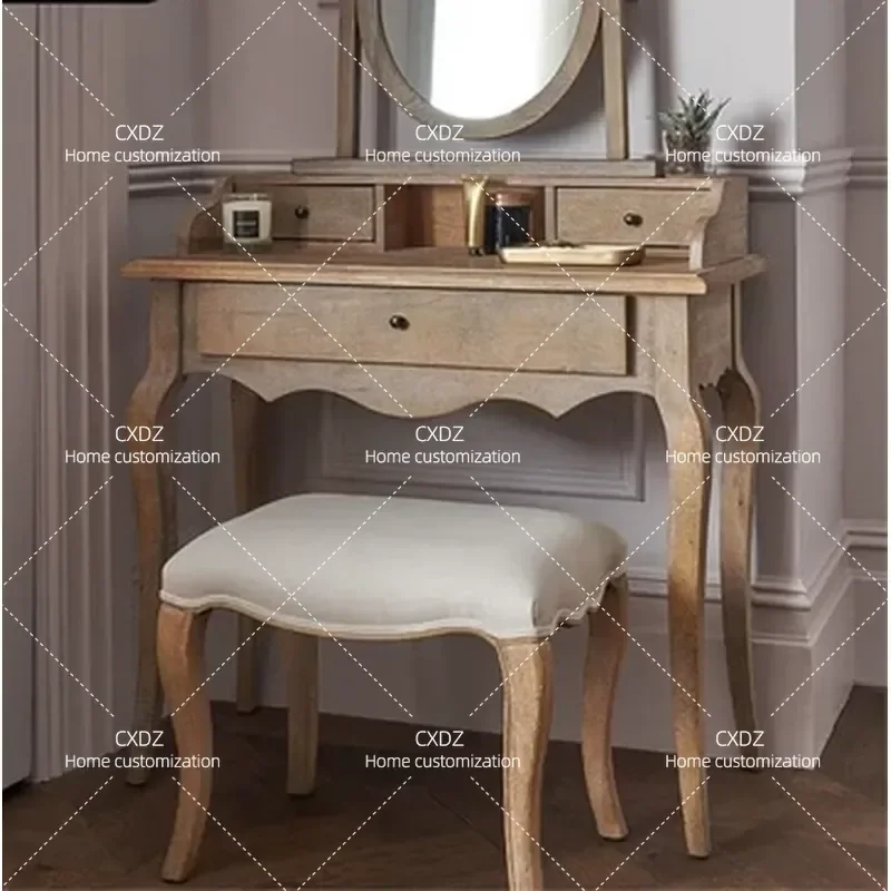 Small Retro Dresser with Round Mirror Solid Wood Carved Bedroom Vanity Table Complete Furniture Set for Home Decor