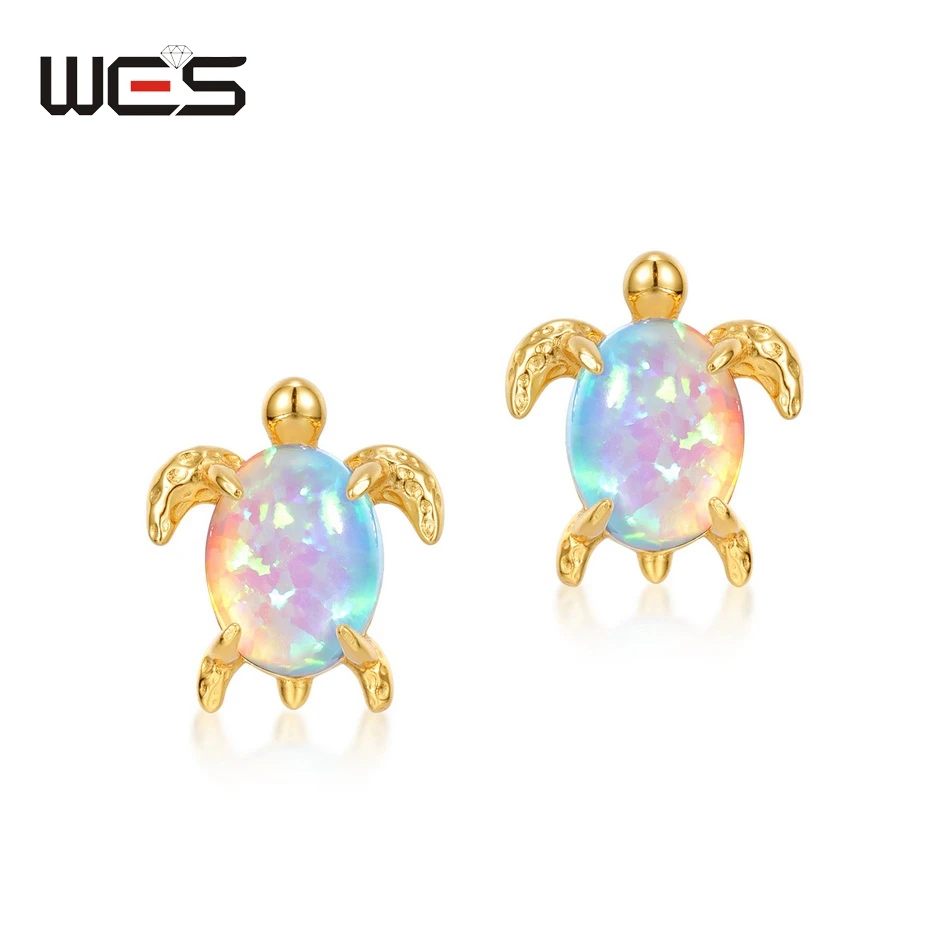 

WES 925 Sterling Silver 6*8mm Lab Created Opal Animal Stud Earrings Tortoise Design Birthstone Gold Plated Wedding Gifts Jewelry