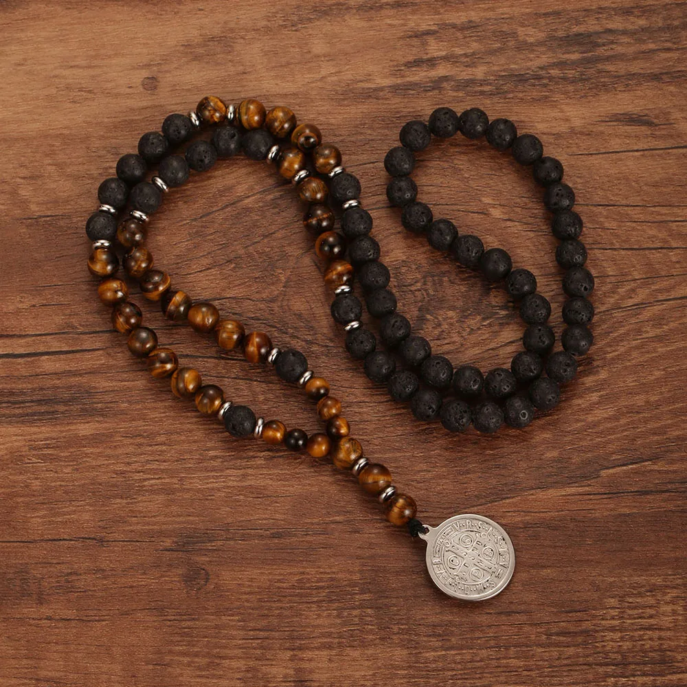 1 قطعة حجر عين النمر الطبيعي الصليب سانت بنديكت قلادة للرجال الحمم الحجر مطرز ميدالية سان بينيتو قلادة رجل مجوهرات