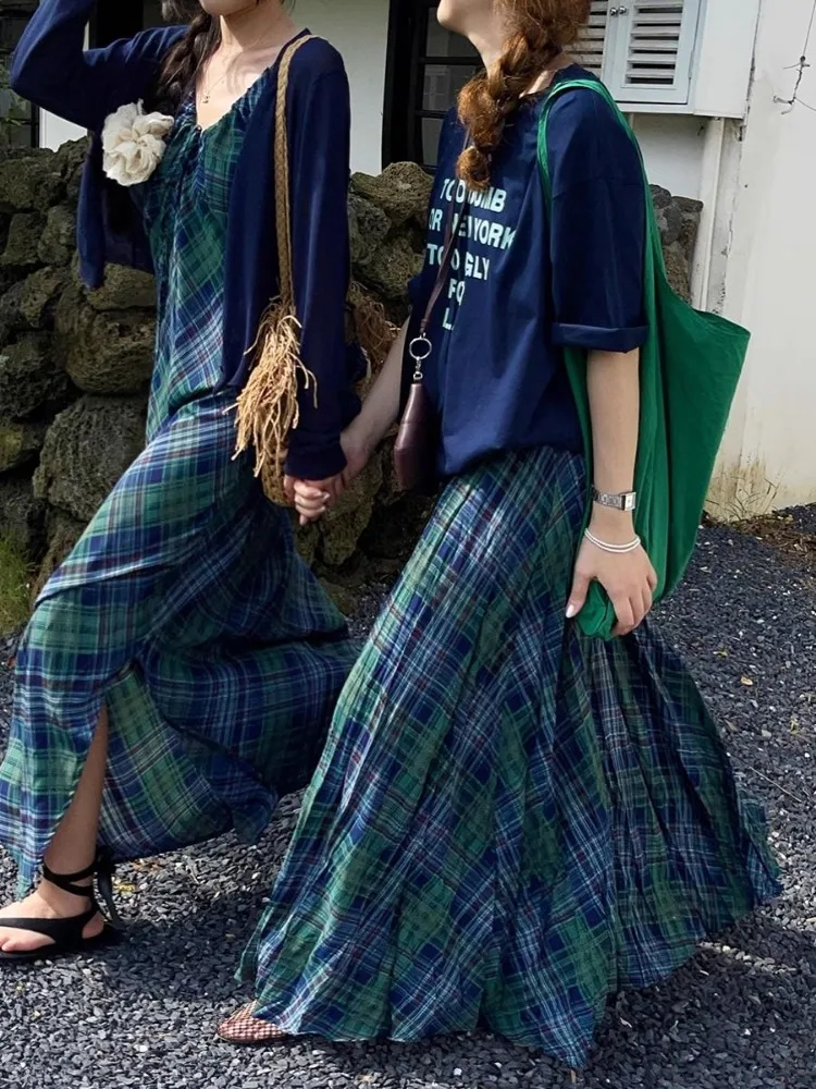 British Retro Daek Blue Green Retro Long Plaid Skirts Crumpled Elastic Waist Full Skirt Boho Vacation Beach Dress Casual Summer