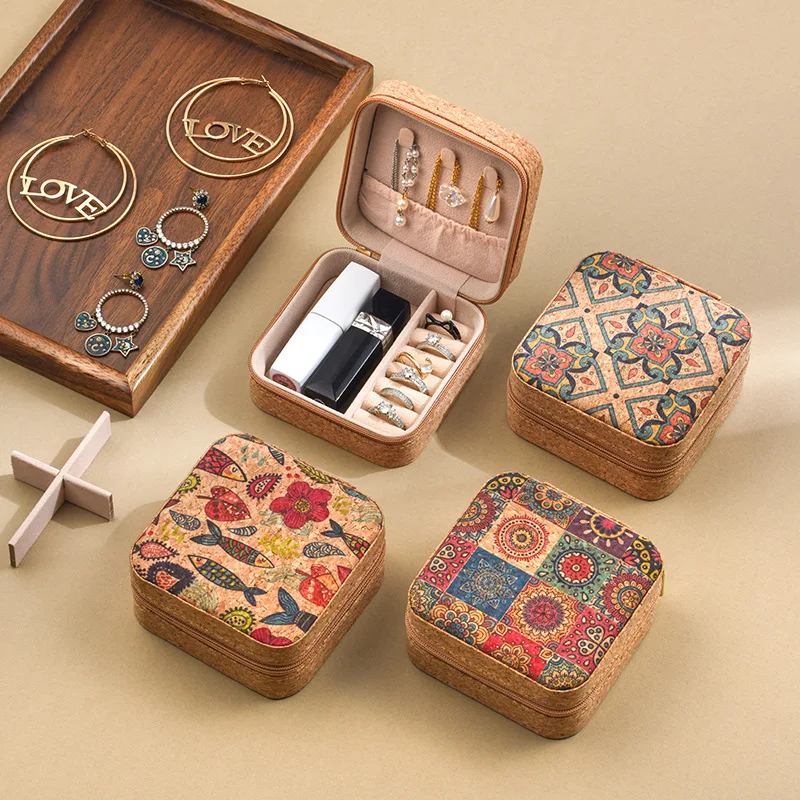 Vintage Bohemian Printed Cork Jewelry Organizer Box Mini Portable Travel Zipper Case for Rings Earrings Necklaces