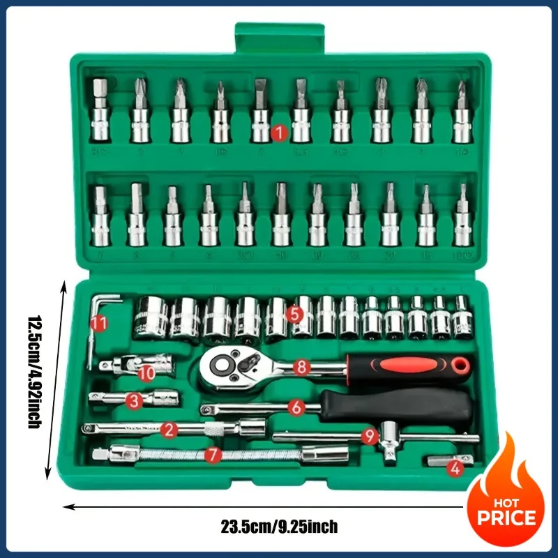 

46pc Drive Socket Set 1/4 inch Ratchet Wrench Set with Sockets Metric Hex Bit Socket Set Mechanic Tool Kits for Auto Repair Hous