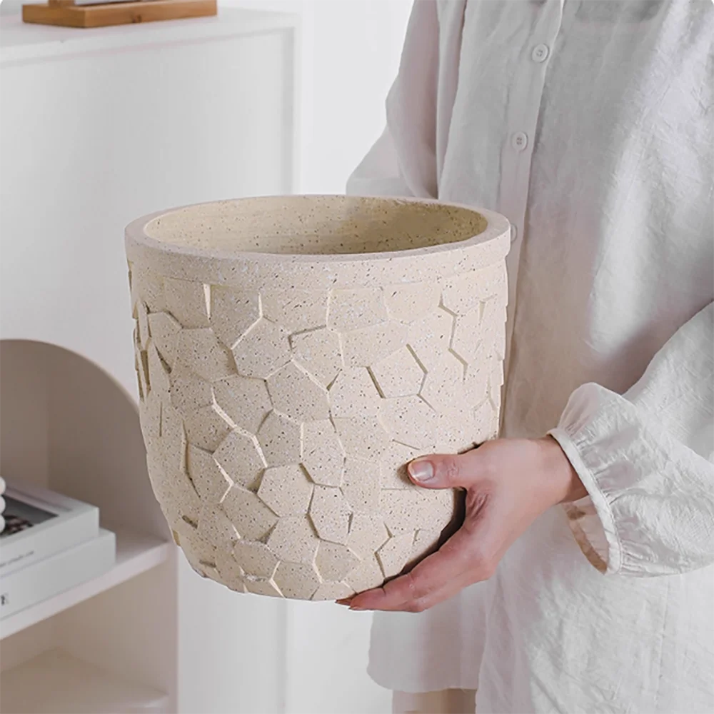Modern Geometric Relief Pattern Cement Planter Mold - Silicone Mold for Large Concrete Flower Pots, Succulents, Durable Reusable