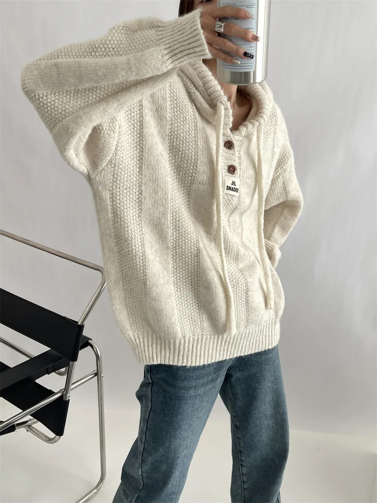 

Korean Chic Fashion Pullover Long Sleeve Beautiful Hooded Sweater Loose Big Size Knit Top Women 2024 Spring Autumn X577