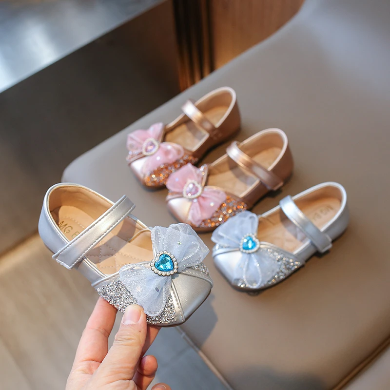 Autumn Children Leather Shoes Girls Bling Princess Mary Janes Shoes Bow Rhinestone Party Dance Kids Performance Single Shoes