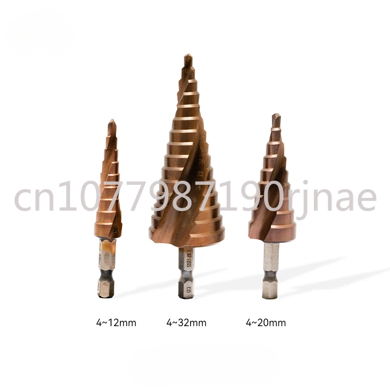 Cobalt containing straight groove spiral groove pagoda drill bit with hexagonal step expansion and trapezoidal conical shape