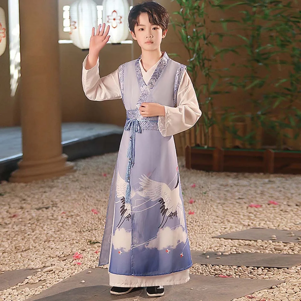 Modello gru bambini cinesi ragazzi Hanfu Tang Dynasty poliestere bambini cinesi ragazzi vestito antico danza popolare Cosplay Performance