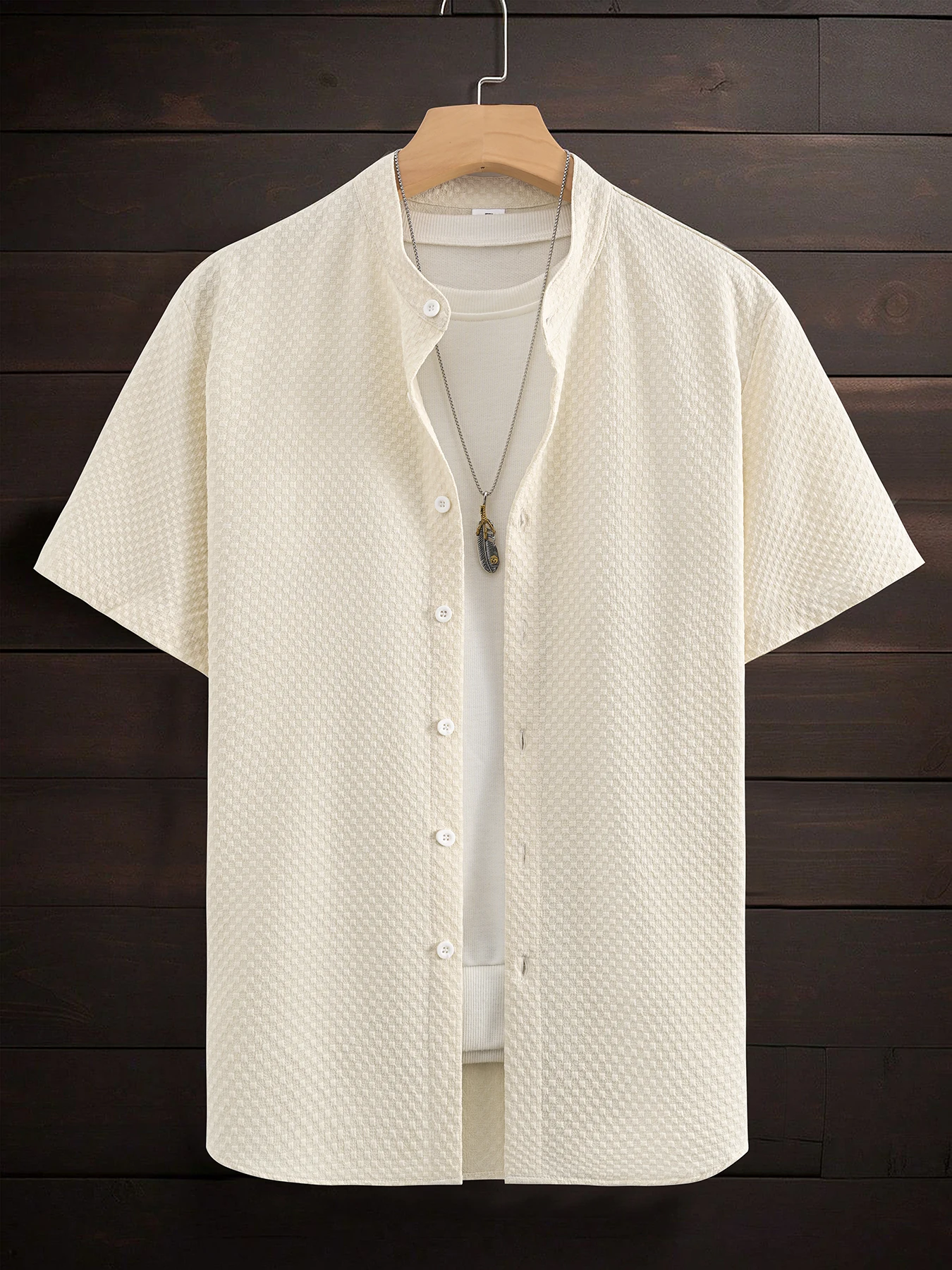 Men's Off-White Stand-Up Collar Checkered Bubble Texture Short-Sleeved Shirt, Loose Casual Top, Summer Vacation Open-Front Shirt