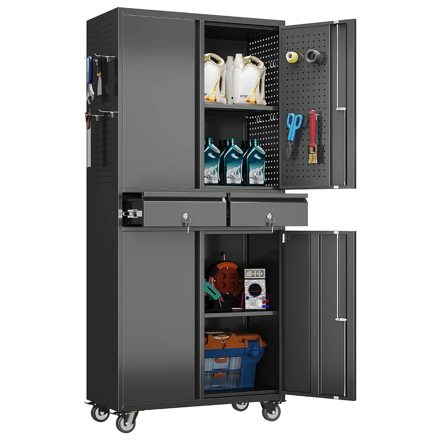 71-Inch Garage Storage Cabinet with 2 Drawers, Pegboard and Wheels