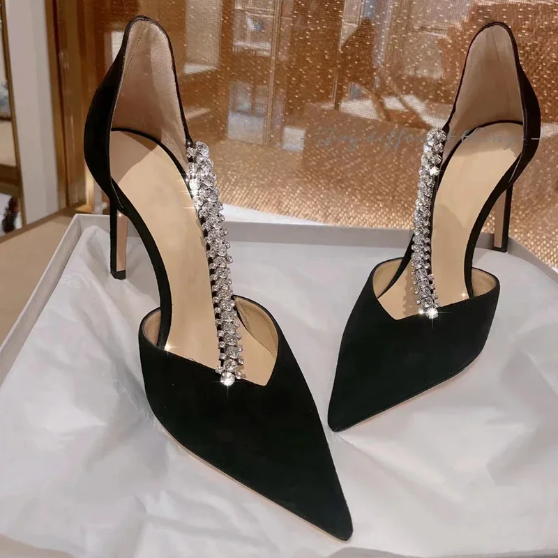 Fashionable and versatile black high heels, 2024 new pointed hollow rhinestone slim heel banquet shoes