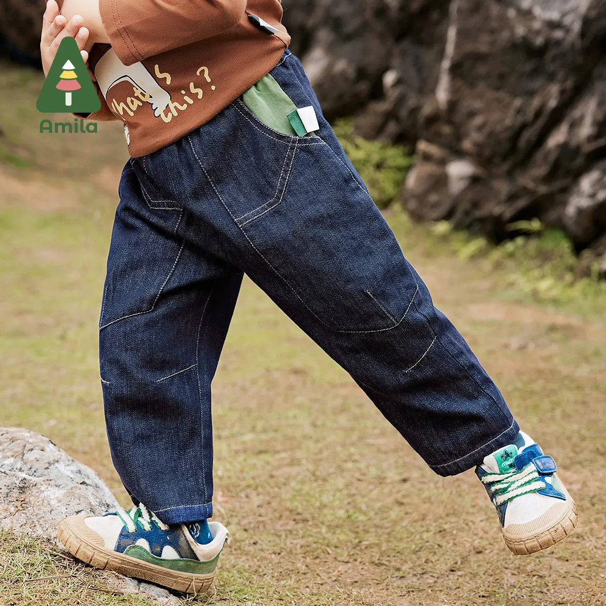 

Amila Baby Jeans 2024 Autumn New Boys Outdoor Workwear Splicing No Fading Durable Loose Casual Breathable Children's Trousers