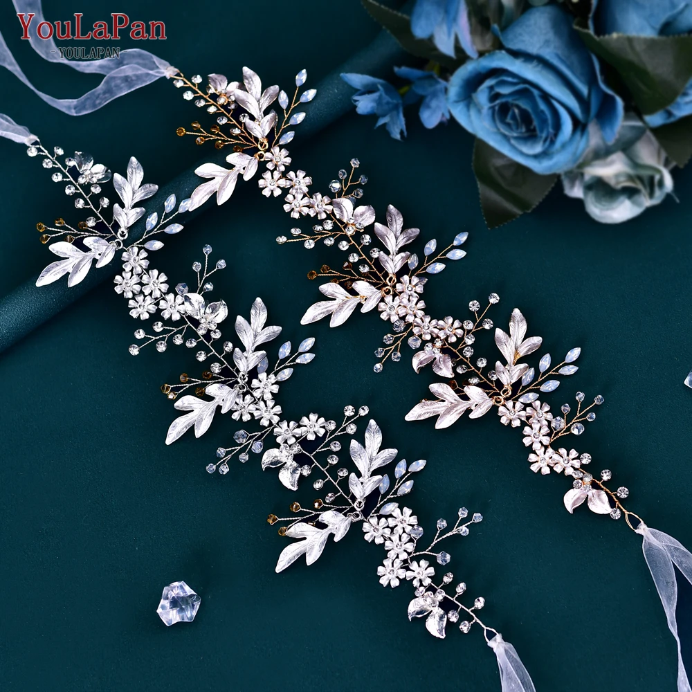 YouLaPan Crystal Bridal Headband Handmade Leaf Headpiece for Girls Wedding Hair Accessories Woman Headwear with Organza HP278