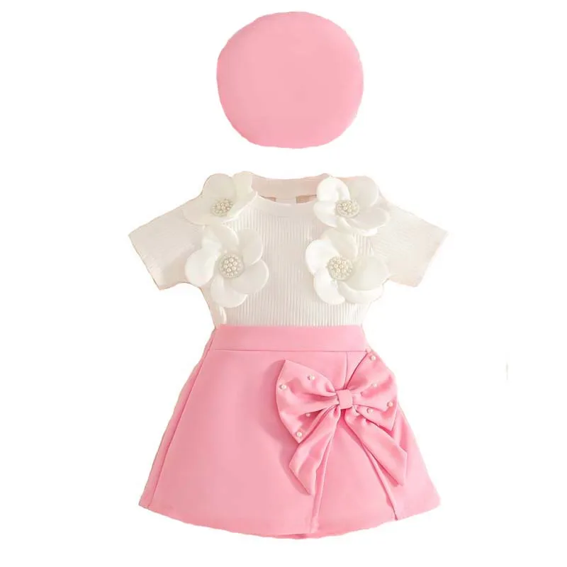 1-3Y Fashion Toddler Baby Girl Clothes Sets Outfits Short Sleeve 3D Flower Decor Ribbed T-shirt Tops A-line Skirt and Hat 3Piece