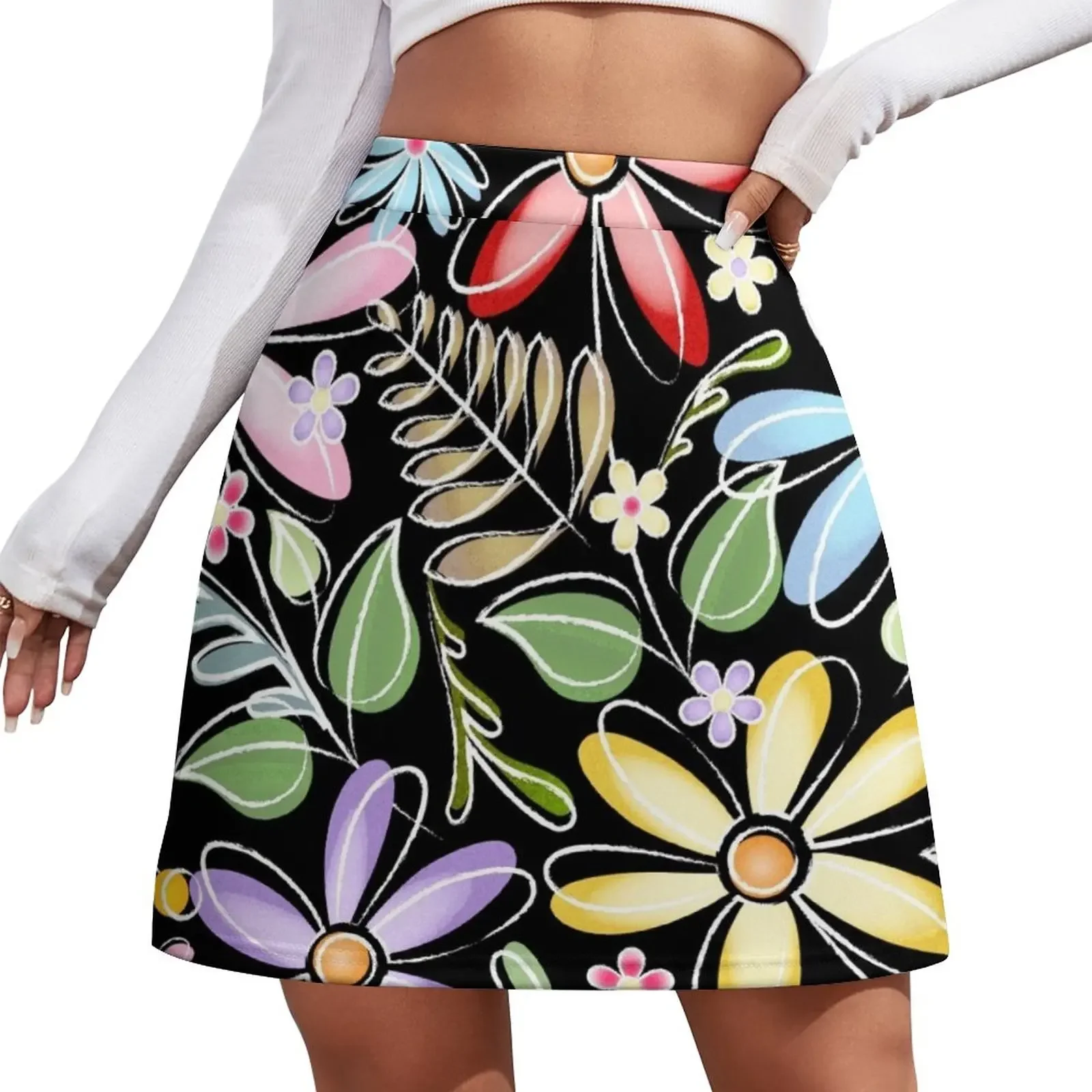 

Colorful Hand Drawn Flowers // Black, White, Red, Pink, Purple, Yellow, Green, Brown, Evergreen Mini Skirt kawaii skirt