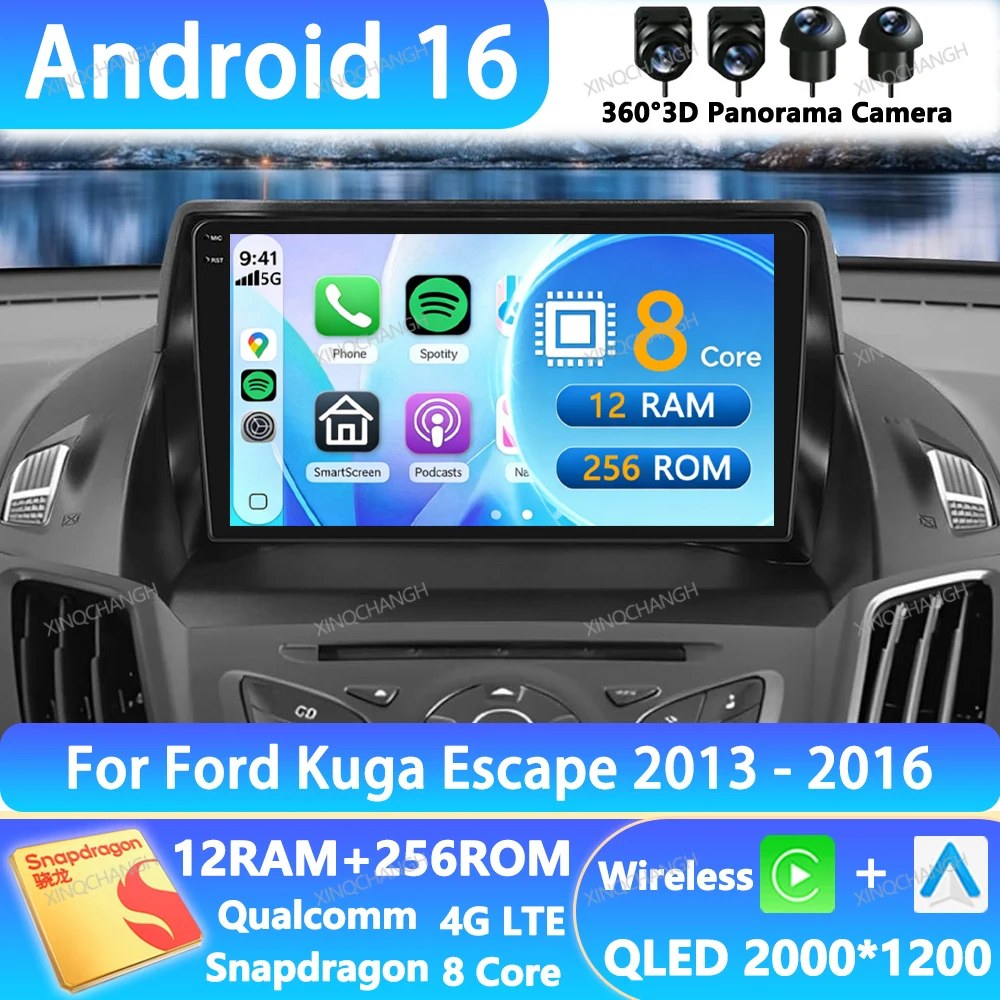 Android 16 Car Radio For Ford Kuga Escape 2013 2014 2015 2016 QLED Navigation 4G LTE 5G WIFI Qualcomm GPS 2DIN BT Head Unit BT