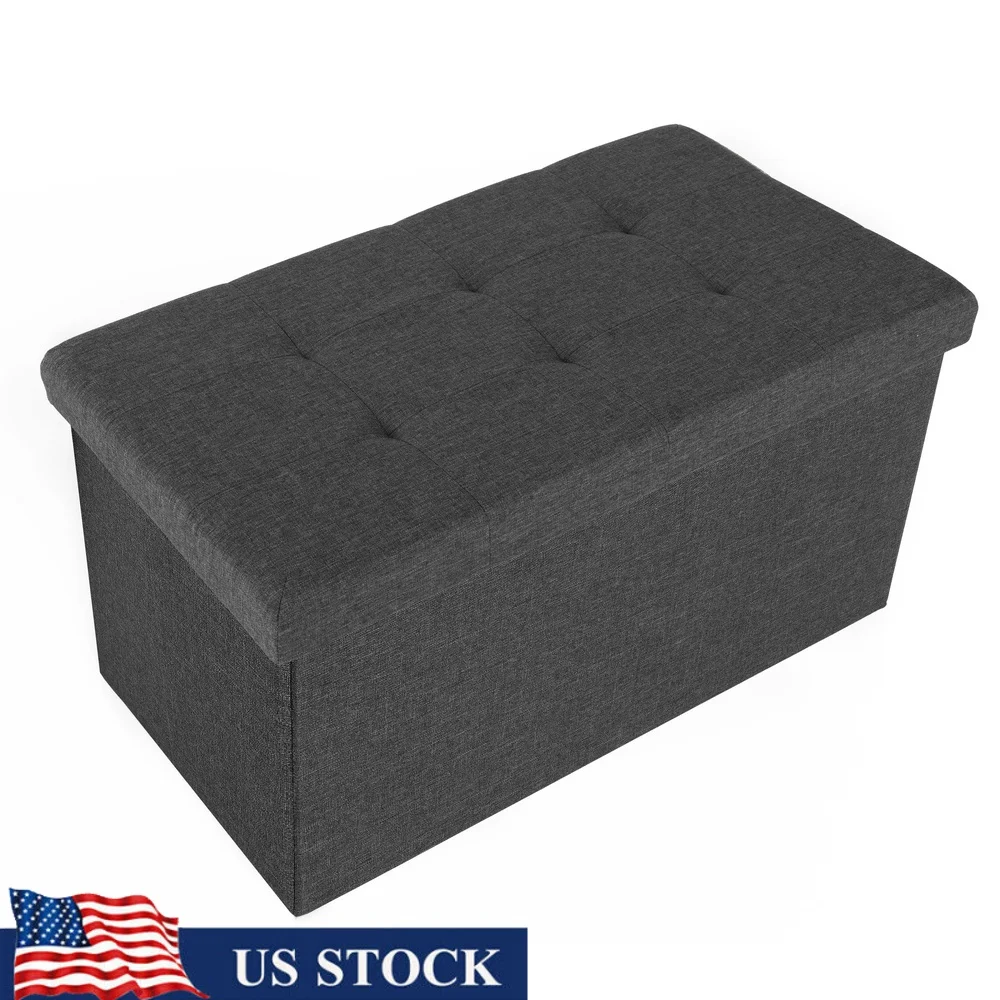 

Foldable Storage Bench Ottoman Cushioned Foam Lid Non-Woven Polyester Modern Gray Tufted Design Indoor Organizer Compact