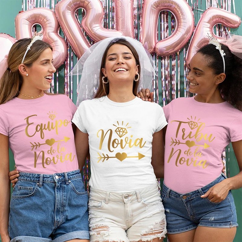 Spanish Wedding Squad T-Shirts Team Bride Tribe Gold Foil Print Casual Tops, O Neck Tees for Girl Bachelorette Party Bridal Gift