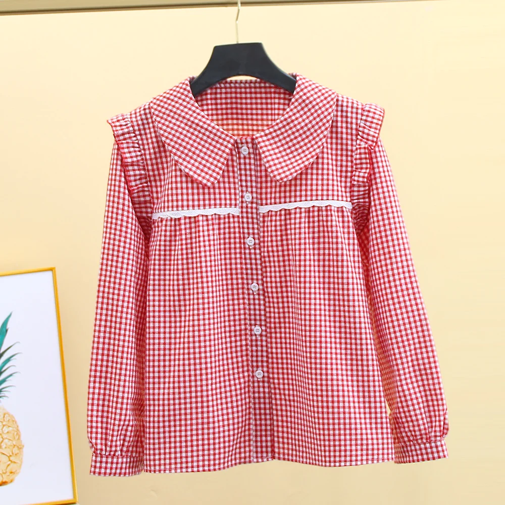 Grid shirt Women's Long Sleeved Spring Autumn New Korean Version Student Loose Fashion Doll Collar Blouse French Lace Splice Top