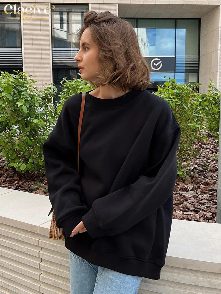 Clacive Fashion Loose Pink Cotton Hoodies Woman 2025 Winter O-Neck Long Sleeve Hoodie Elegant Oversize Solid Top Female Clothing