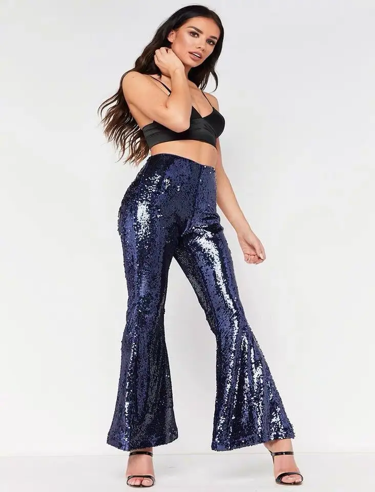 

Women's Sequin High Waist Wide Leg Pants Shiny Flared Long Pants Female Glitter Ladies Trousers for Club Disco Party