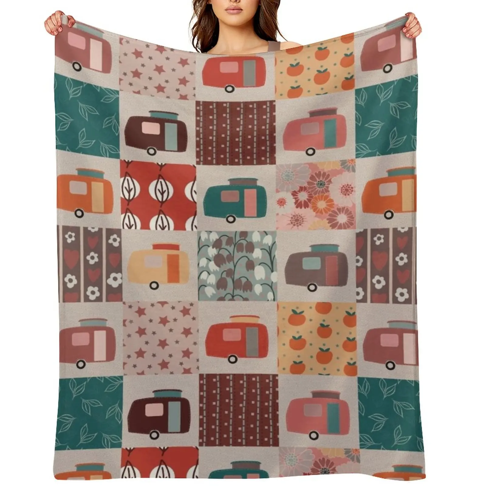 

Colourful Patchwork of Vintage Caravans Throw Blanket Thins Beautifuls cosplay anime Furry Blankets