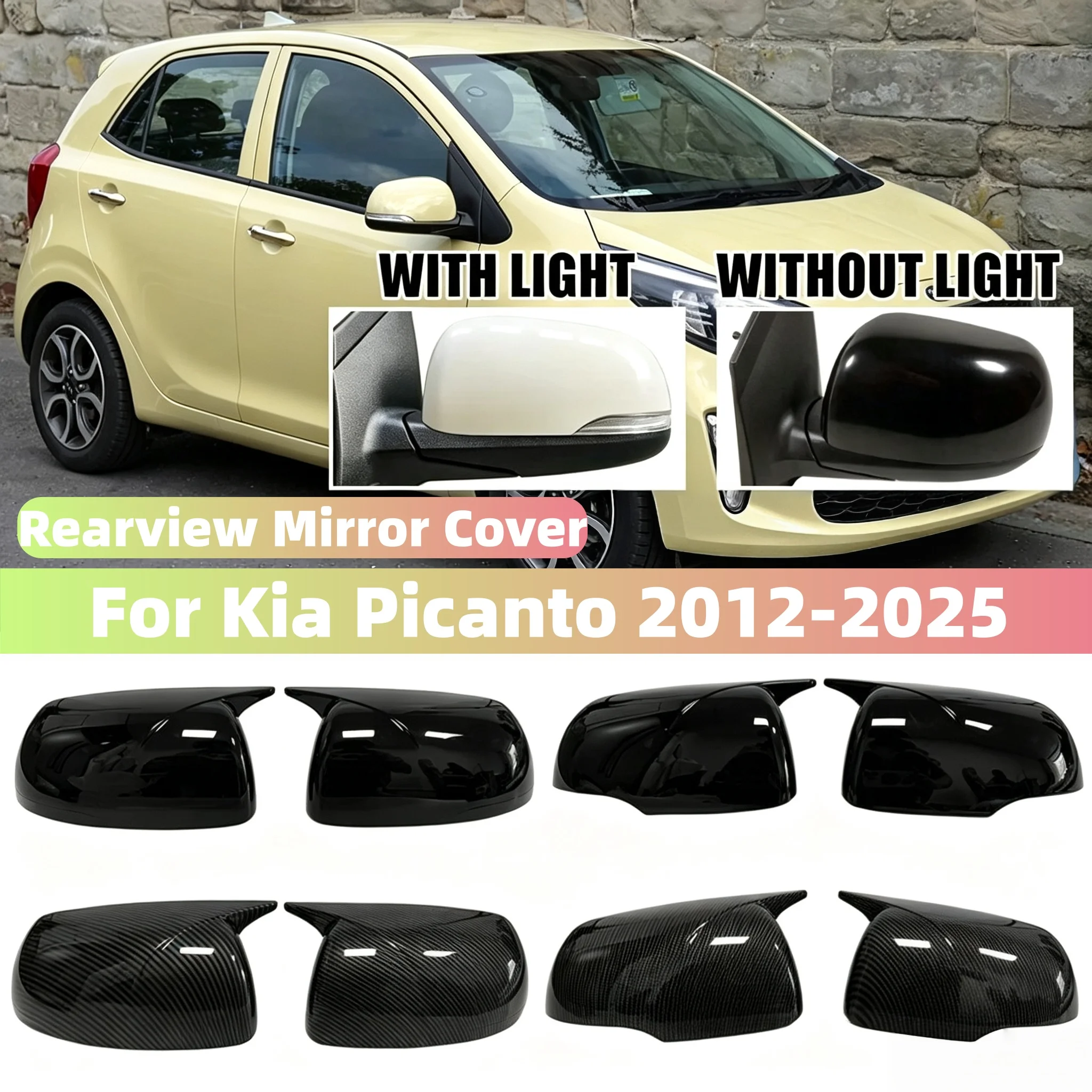 Auto-Seitenspiegelabdeckung Rückspiegelgehäuse Glänzend Schwarz/Carbon-Look für Kia Picanto 2012-2025 Auto-Zubehör