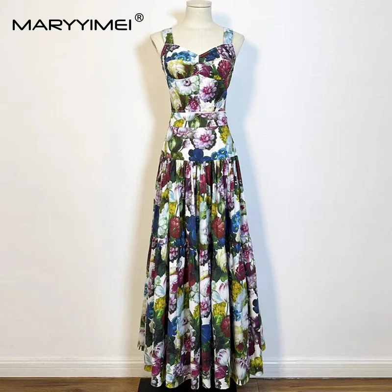 

Seifrmann Casual Holiday Women Suit Sweetheart Neck Spaghetti Strap Tops+Big Swing Skirt Baroque print Cotton 2-piece set