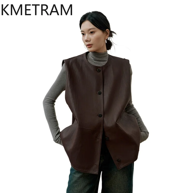 KMETRAM Real Italy Sheepskin Leather Vest Women Reversible Short Coat Sleeveless Real Leather Jackets Woman Clothing Autumn 2026