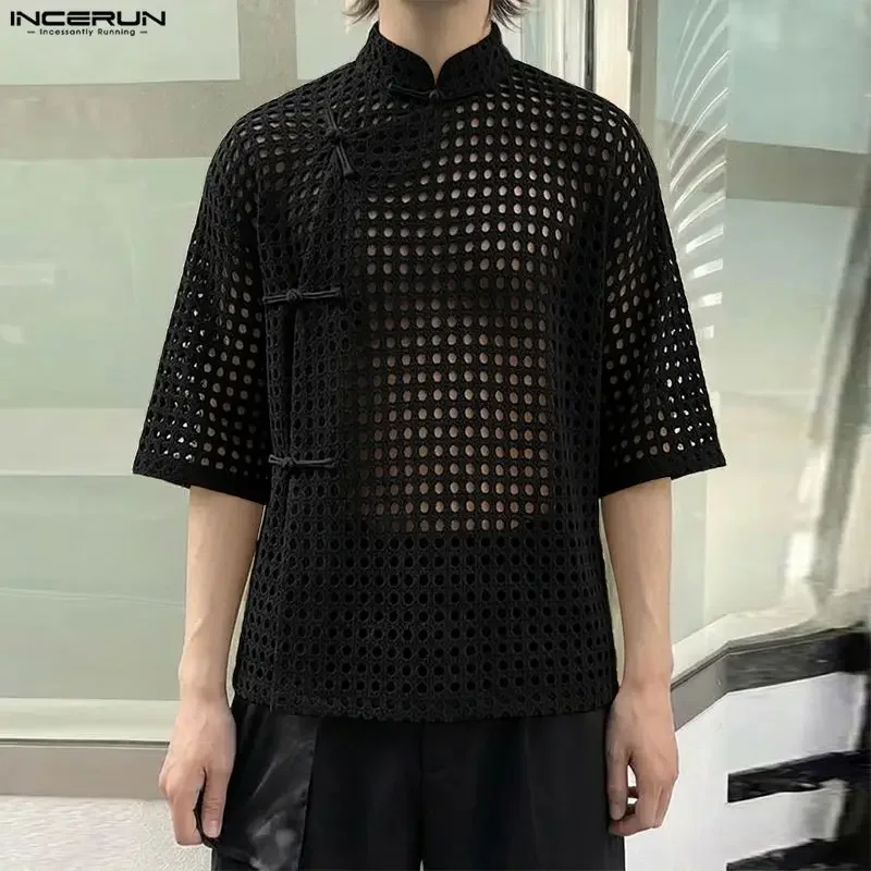 INCERUN Men's Shirt Solid Hollow Out See Through Half Sleeve Button Men Clothes Streetwear Loose 2026 Sexy Casual Shirts For Man
