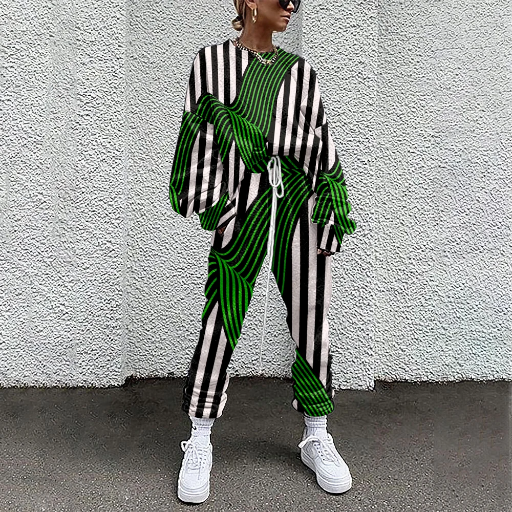 2022 SOJINM Women Tracksuit Sweatshirt+Straight Sweatpants Stripe Print 2 Piece Outfit Matching Fitness Sporty XL