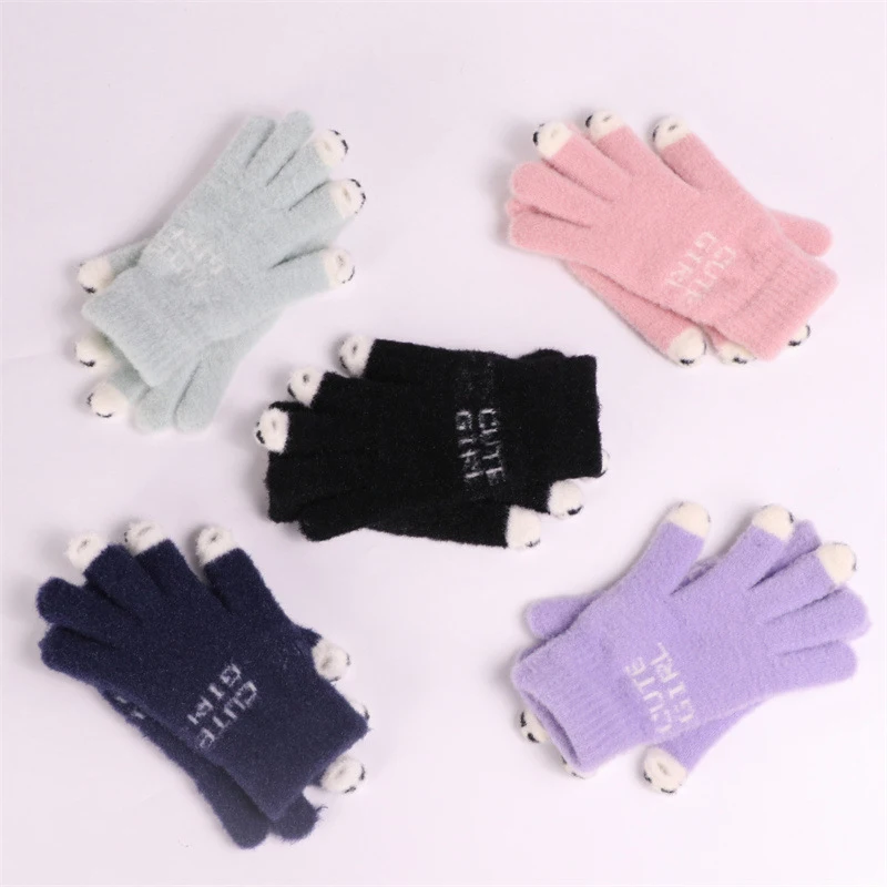 Gloves Cute Woolen Knitted Gloves Winter Thickened Warm Gloves Outdoor Leaky Finger Touch Screen Cold Proof Gloves Warm Gloves