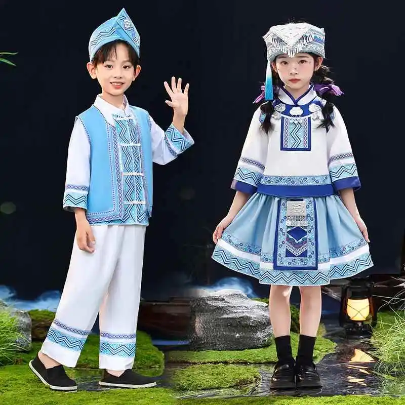 

Детская одежда, этнические костюмы Минори Чжуан для выступлений для мальчиков и девочек, Гуанси Сан Юэ Сан Чжуан Мяо Ту Ф...