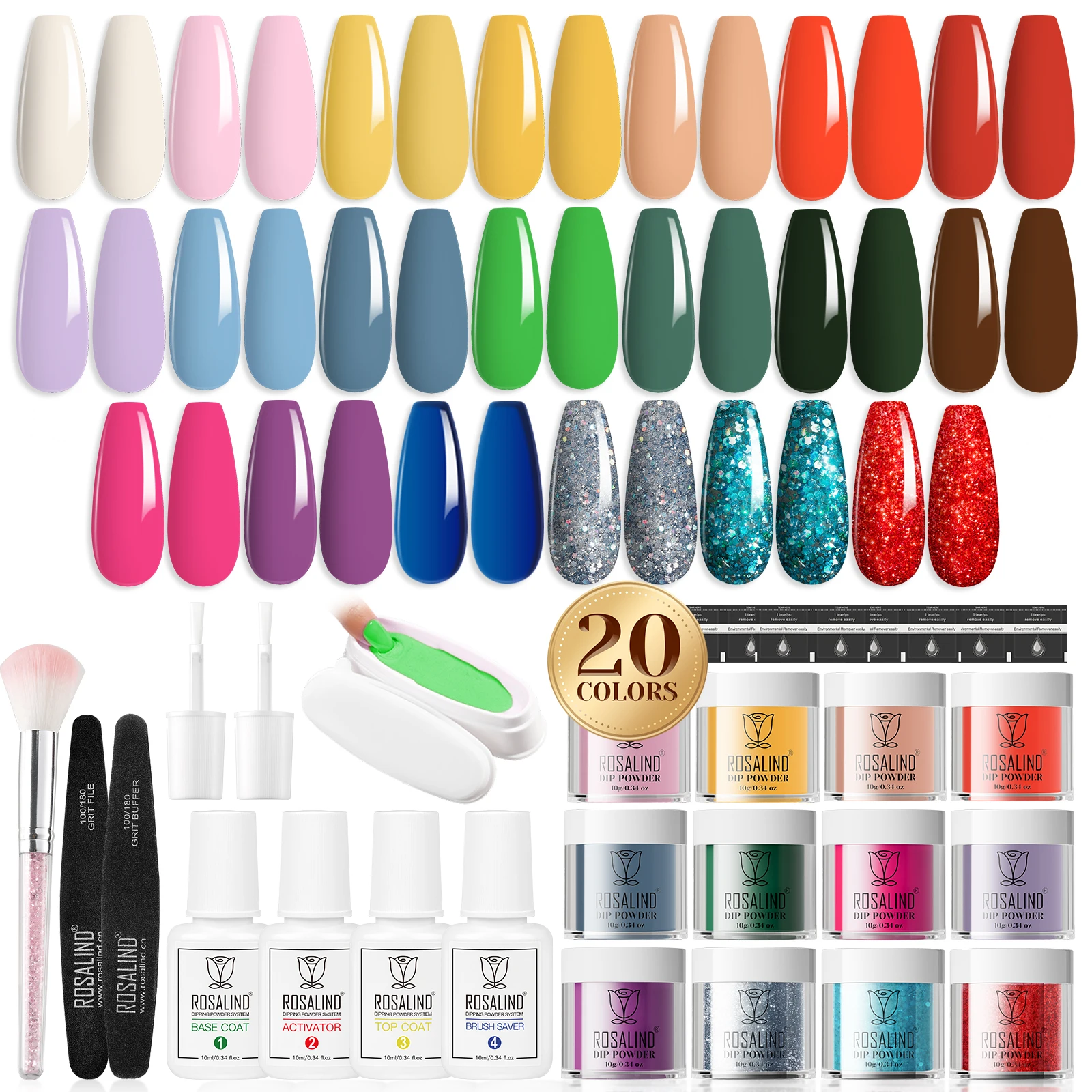 ROSALIND 29PCS Dip Nails Powder Starter Kit, 20 Colors Dip Powder Nail Kit Red Green Orange Glitter Series Nail Dip Powder Color