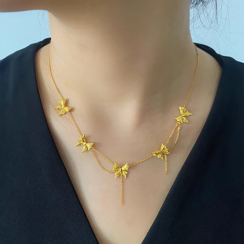 

Real 18kt Gold Color Bow Pendant Necklace for Women Genuine Solid Color Pendant Chain Wedding Jewelry Gifts Not Fade