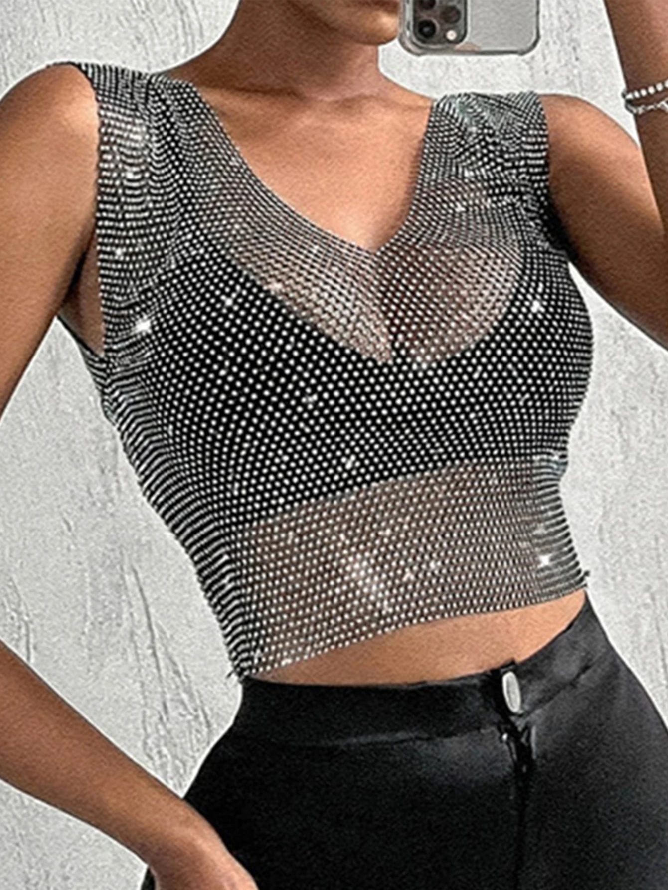 Sexy y2k Summer V Neck See Through fishnet corset crop top women Cover Up bikini Rhinestone mesh Beach party club tank tops 2026