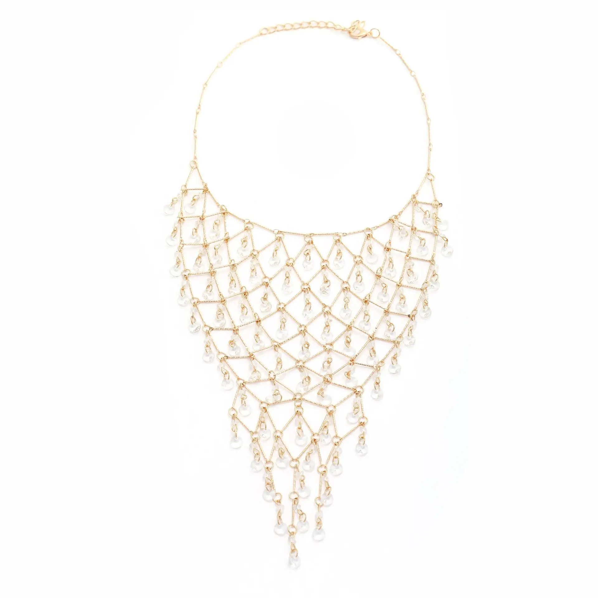 Luxuriöse Gold-Netz-Halskette mit klaren Kristallen und Quasten für Damen, Statement-Halskette, Hochzeits- und Abendparty-Accessoires – Detail 3