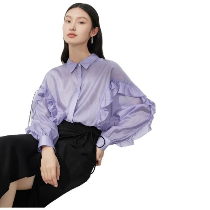 

Spring New Girlish Turn-down Collar Shirts High Quality Rayon Long Sleeves Ruffles Fresh Solid Temperament High Street Blouses