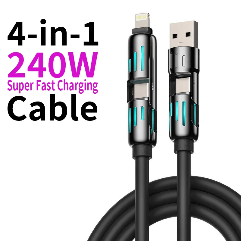 4-in-1 USB Charging Cable ( Free Storage Bag), fast charging MAX 240W USB A TYPE C Lightning for iPhone 16/15 Samsung Galaxy