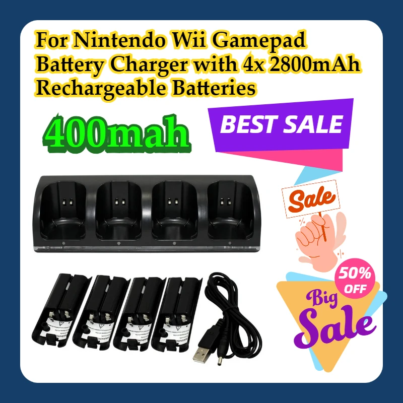 

For Nintendo Wii Gamepad Battery Charger with 4x 2800mAh Rechargeable Batteries