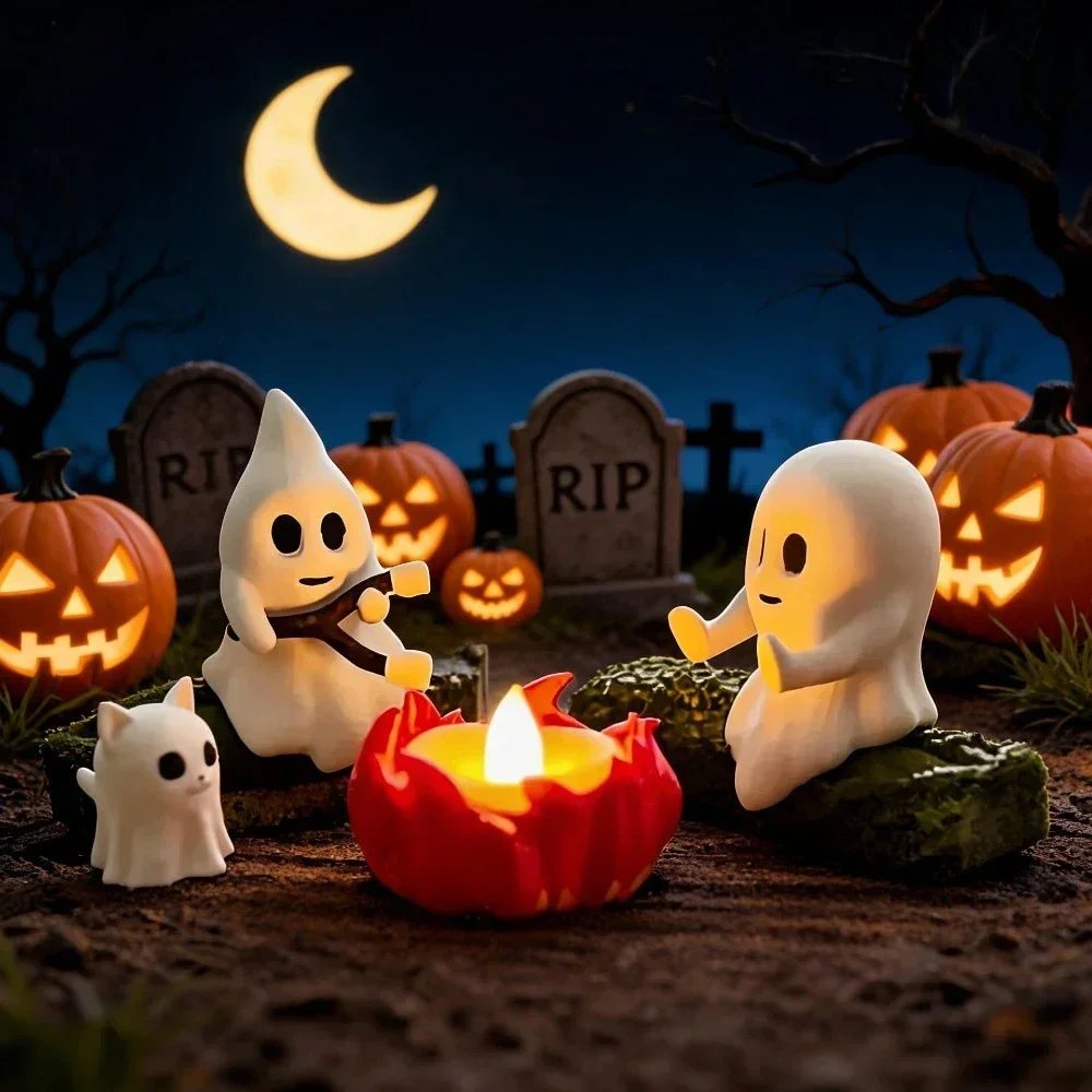Halloween Niedliches Geister-Lagerfeuer-Szenen-Figurenset aus Kunstharz, Geister-Katzen-Hunde-Mini-Statue, Teelichthalter, Tischdekoration für die Feiertage – Detail 3