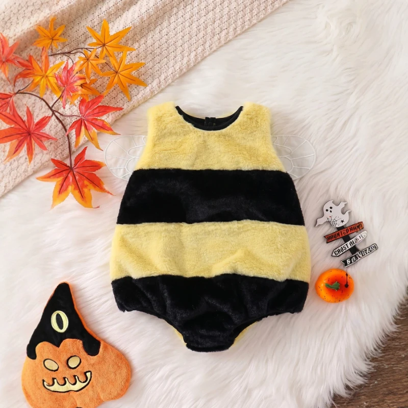 Cute Bee Stripe Romper with Wings Hooded Fleece Jumpsuit Newborn Infant Toddler Insect Cosplay Costume Outfit Baby Clothes