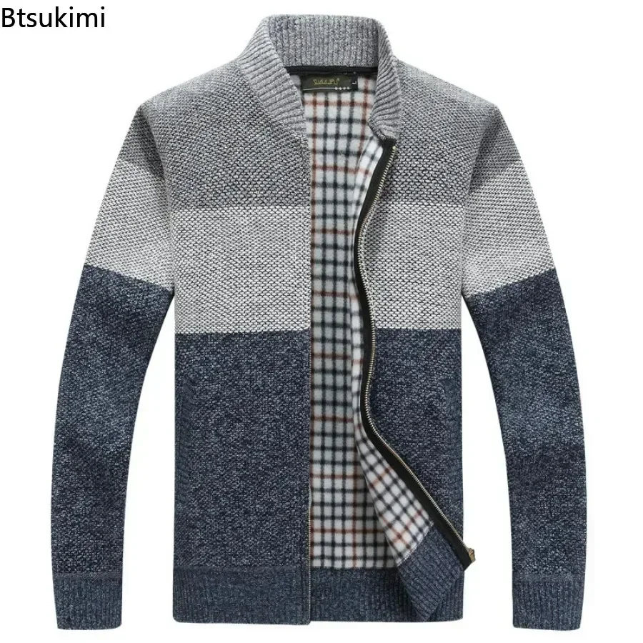 Autumn Winter Men\'s Fleece Knitted Sweater Coats Fashion Contrast Color Stand Collar Zip Cardigan Jacket Male Thick Warm Sweater