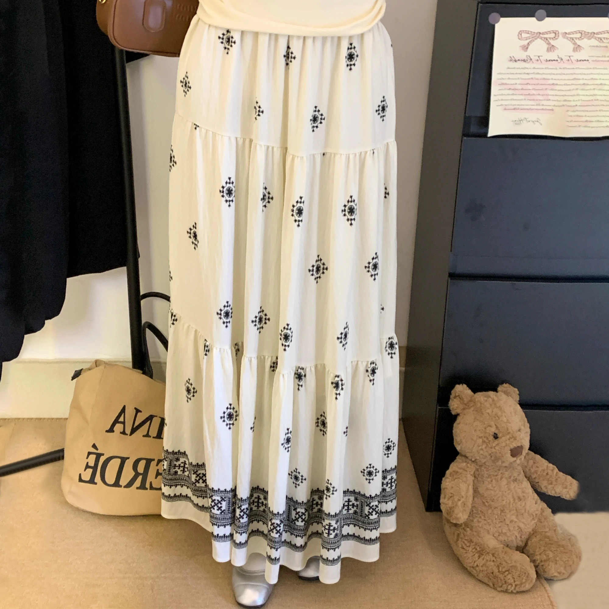 

Элегантная винтажная длинная юбка в стиле бохо с принтом, женская летняя свободная праздничная юбка с эластичной резинкой на талии, повседневная простая длинная женская юбка