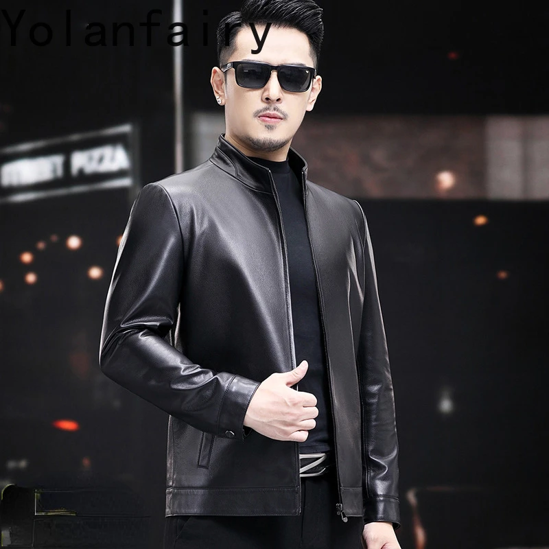 YOLANFAIRY Genuine Leather Cowhide Mens Jacket Spring Autumn New in Jackets Dad Upscale Coats SizesM-5XL Saco Hombre Casual