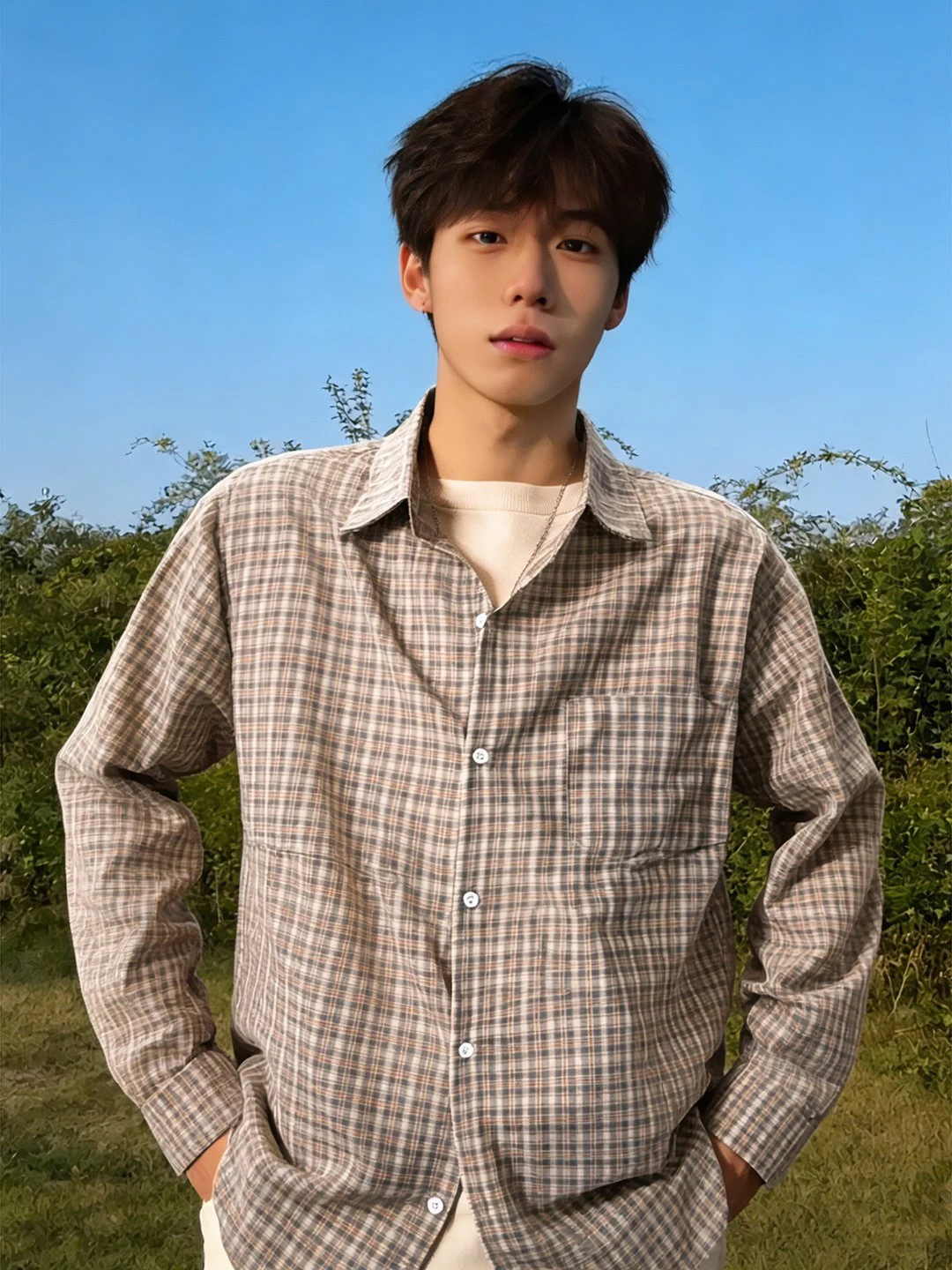 

Khaki Plaid Long Sve Men's irt Cleanfit Youthful Outerwear Spring Autumn i Tartan Pattern Casual Loose Fit irt