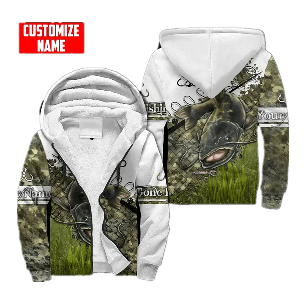 

Men's Fashion Winter Hoodie Custom Name Catfish Fishing 3D Print Thickened Zipper Hoodie Unisex Casual Hooded Warm Wool Jacket