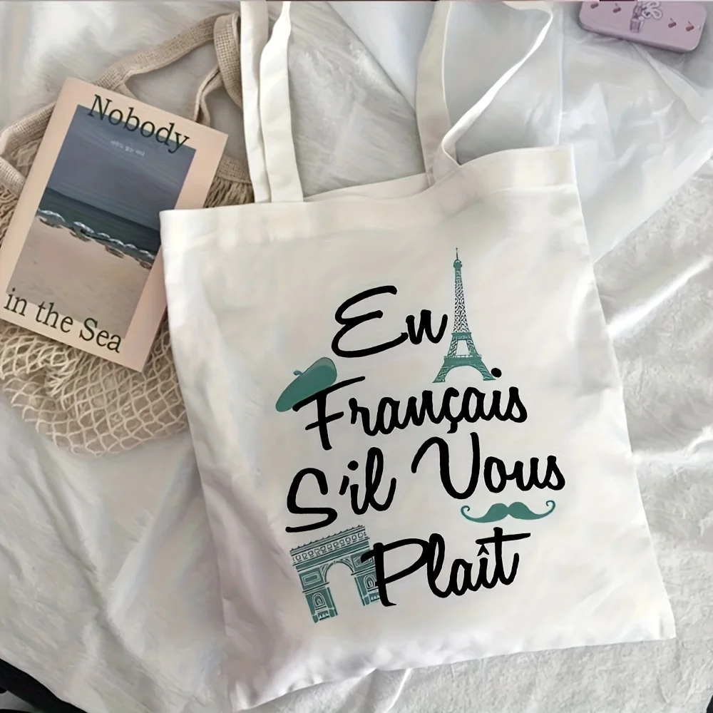French Paris Landmark Print Canvas Tote Bag En Français S'il Vous Plaît Letter Design Women School Shopping Shoulder Handbag