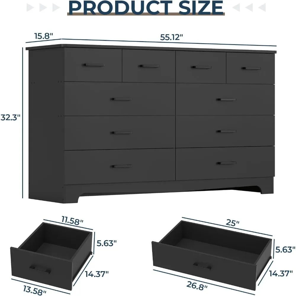 Black Bedroom Dresser with 10 Drawers, Large Chest of Drawers Storage Organizer, Long Dresser TV Stand with Power Outlets